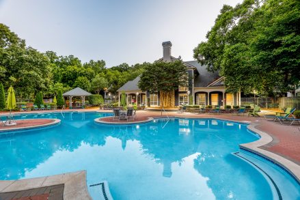 Bridgewater Apartments in Duluth, GA resort-style pool at sunset